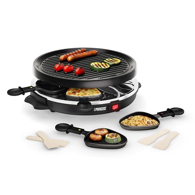 Raclette Princess con piastra rotonda in pietra da 30 cm e sei padellini