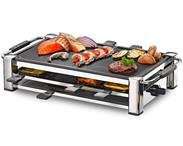 Raclette Rommelsbacher RCC 1500 cromata con piastra rigata in alluminio